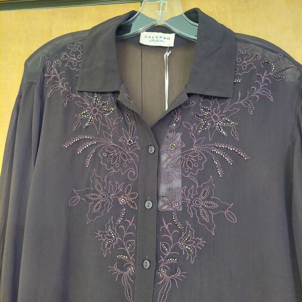 NEW! Calypso St Barth Lucille Beaded Chiffon Blouse Coffee  Medium - Large $245